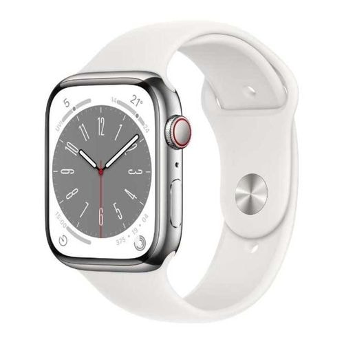 【ラッピング可】【即日発送】【国内版】【新品】Apple Watch Series 8(GPS + Cellularモデル) 45mmシルバーステンレススチールケースとホワイトスポーツバンドMNKE3J/A